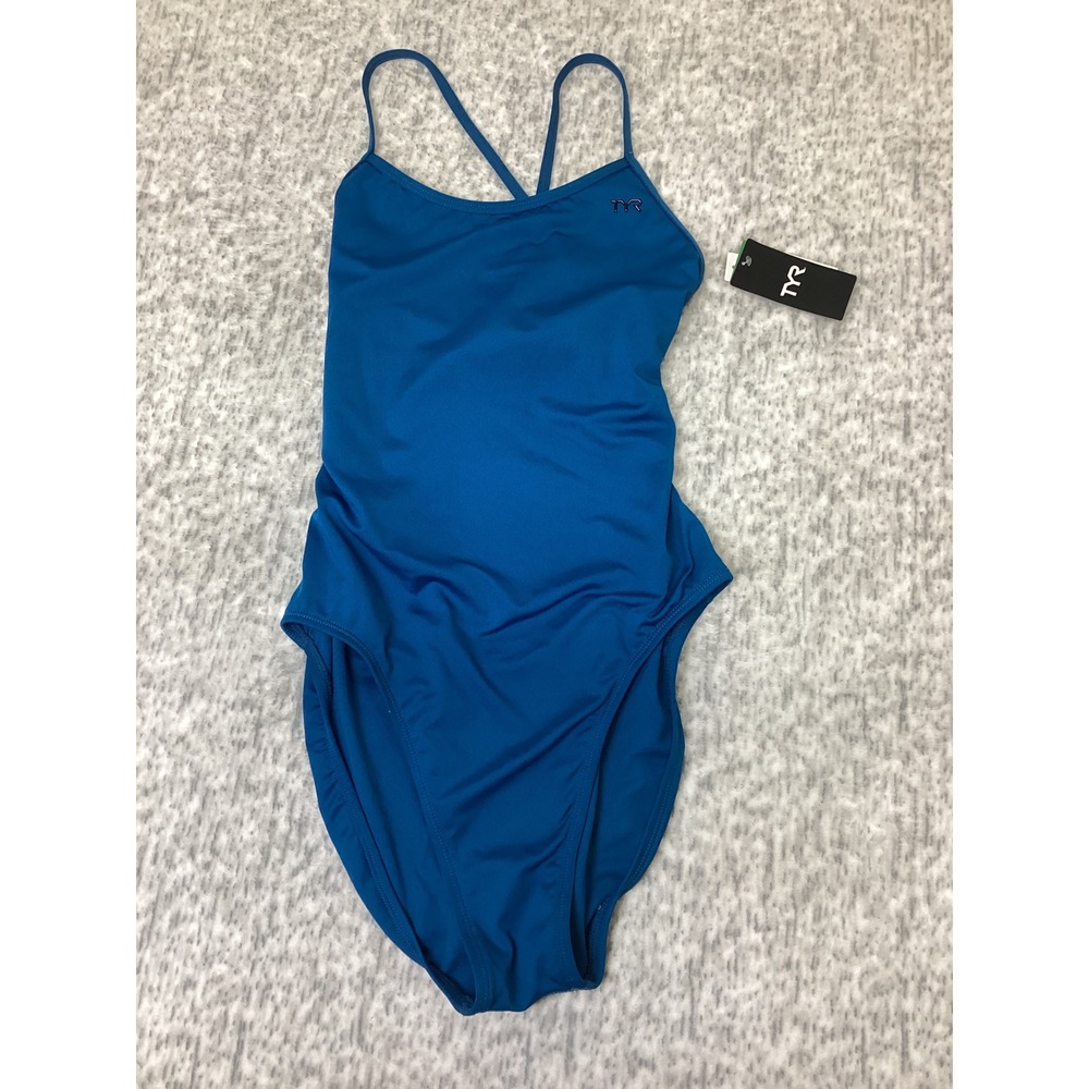 TYR Women Trinityfit One Piece Swimsuit Ocean Blue Durafast Elite Size 36 L